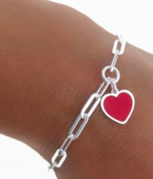 Pulsera Plata Corazón Rojo