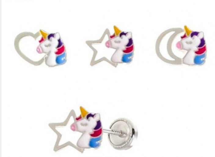 Pendiente plata Unicornio Luna, estrella, corazón