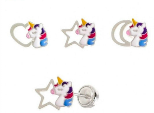 Pendiente plata Unicornio Luna, estrella, corazón